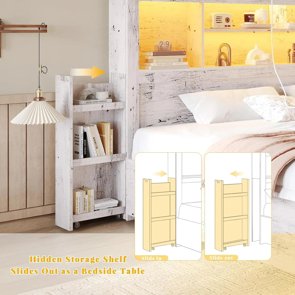 White Queen Storage Bed Bookcase Headboard Charging Station 4 Drawers Wood Platform No Box Spring, Customized