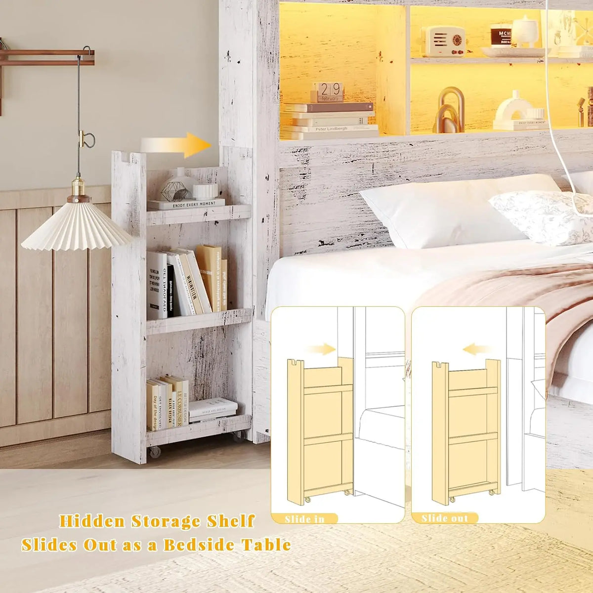 White Queen Storage Bed Bookcase Headboard Charging Station 4 Drawers Wood Platform No Box Spring, Customized