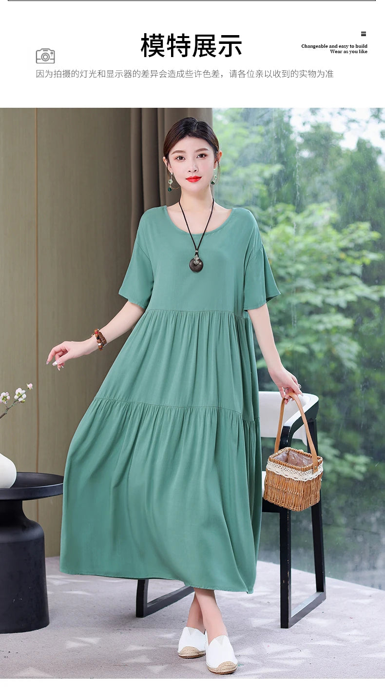 New Fashion 2023 Causal Summer Dresses For Women Loose Solid Long O-neck Dress Vintage Short Sleeve Womens Clothing