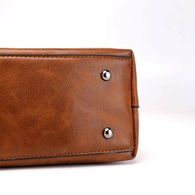 Retro Leather Handbag Shoulder Bag for Women with Double Pocket, Large Capacity, Vintage Lady's Tote Bag, Simple Crossbody Bags