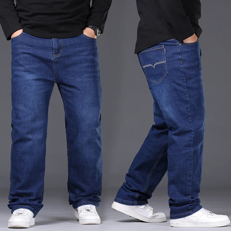 42-50 Plus Size Men's Jeans Business Casual Denim Pants High Waist Straight Leg Loose Elastic Comfortable Trousers Male Clothing