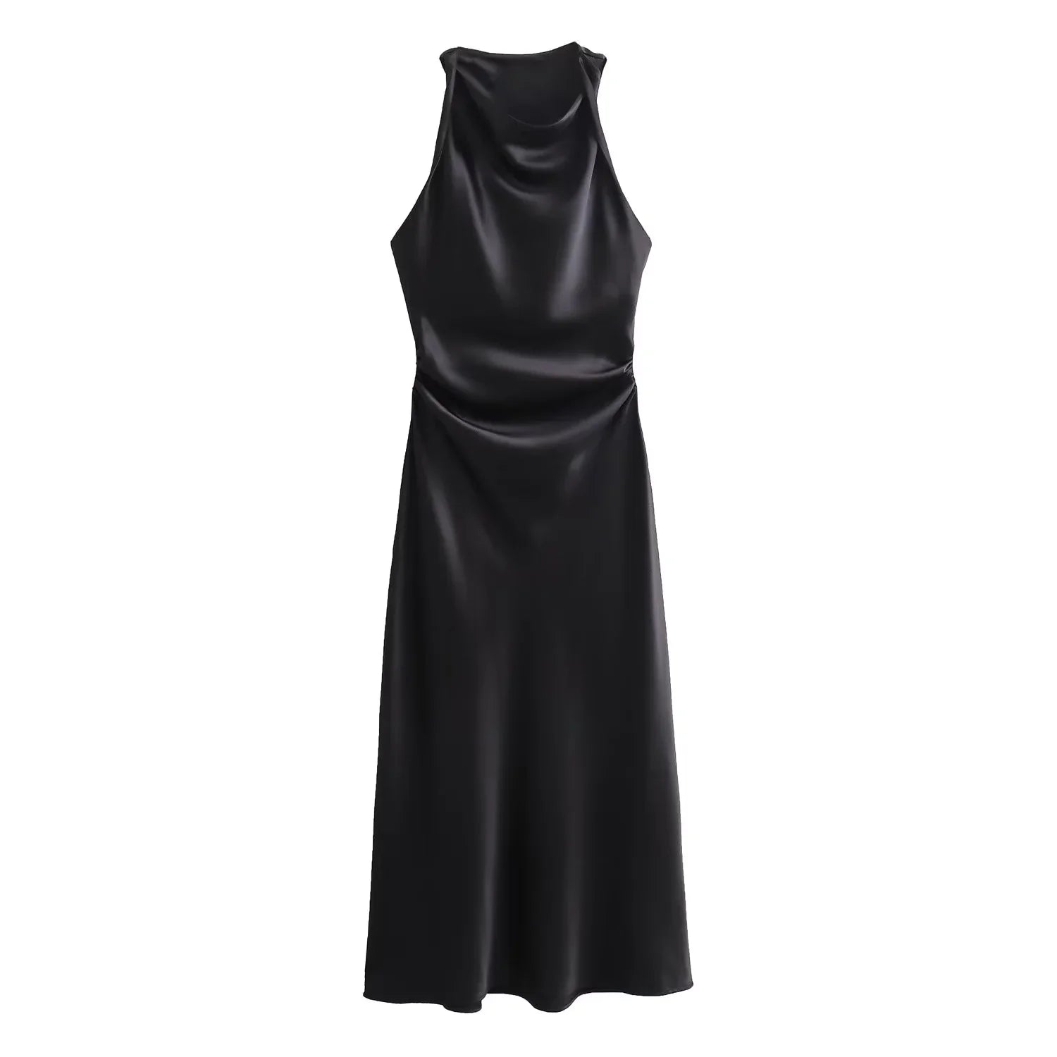 Satin Halter Midi Dress | Sleeveless Evening Party Dress