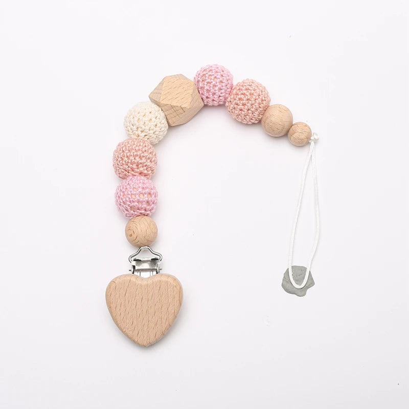Baby Pacifier Clip Chain Newborn Silicone Flower Crochet Wooden Bead Dummy Nipple Clip Infant Safe Teething Soother Pendant Toys