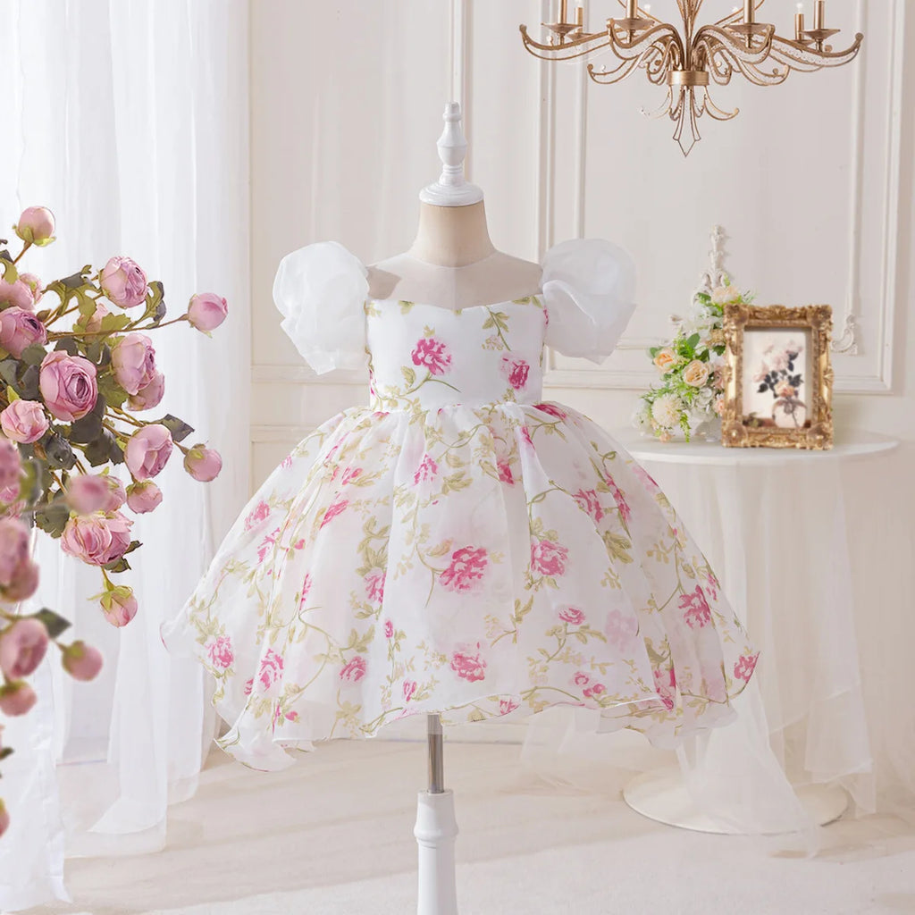 HETISO Girls Floral Chiffon Dress Korean Style Casual Birthday Gown White One-piece Summer Dress for Kids 2-10 Years