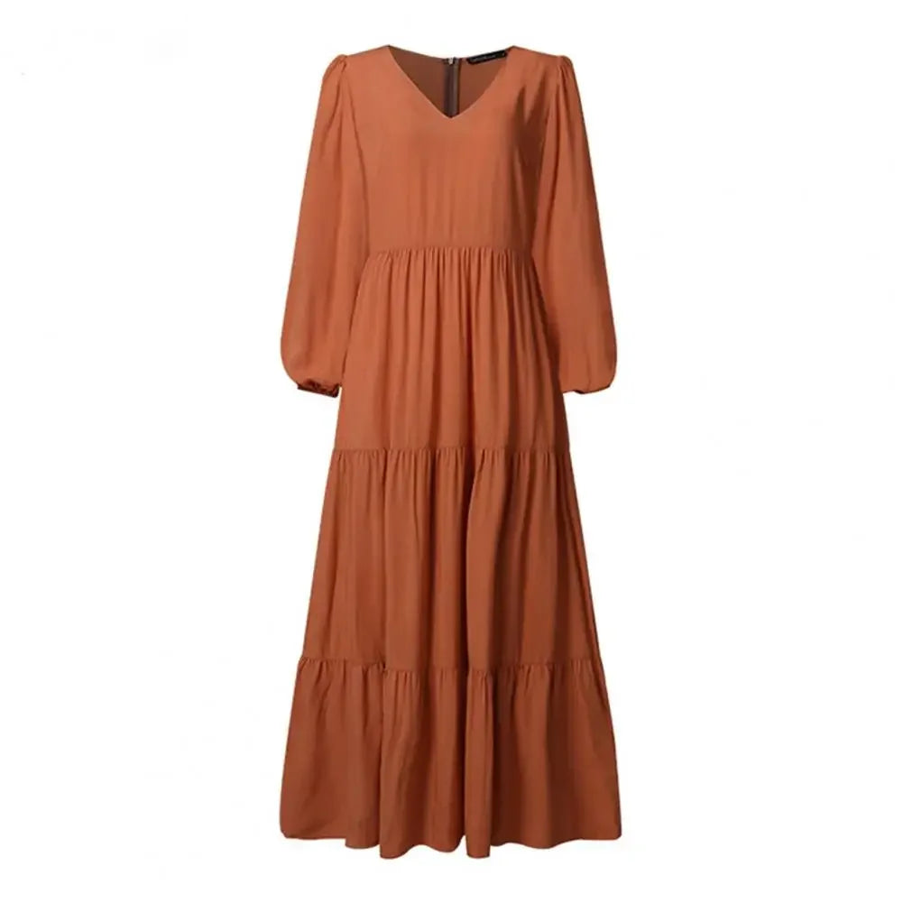 Woman's Solid Color V Neck Dress Elegant A Line Maxi Dress with Pleated Long Sleeves Femme Robe Solid Color Big Swing for Dating