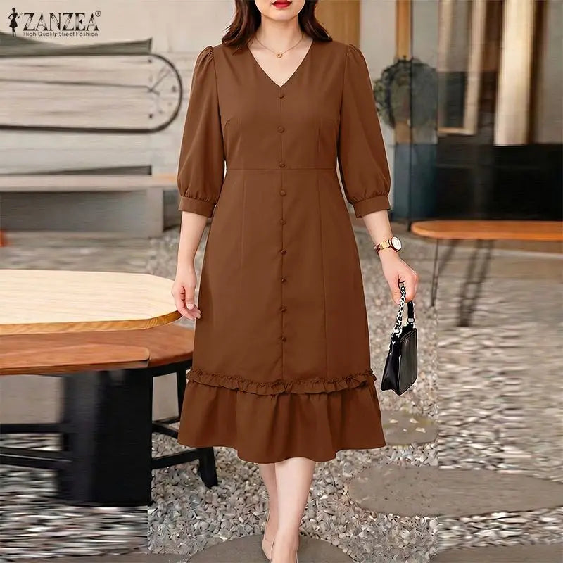 ZANZEA Women Elegant A-Line Midi Dress V-Neck 3/4 Puff Sleeve Cinched Waist Ruffled Hem Dresses Summer Casual Commute Robe Femme