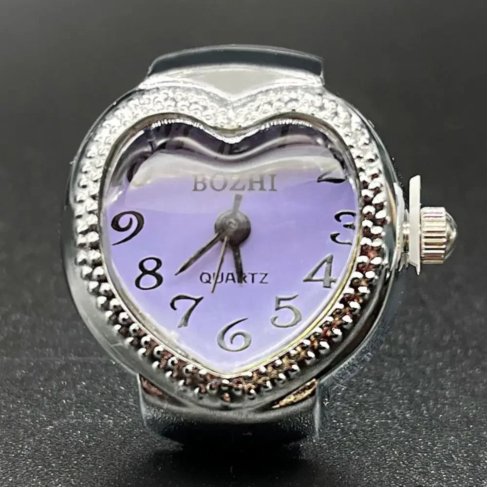 Finger Ring Watch For Couples Vintage Punk Heart Shape Quartz Clock With Adjustable Elastic Strap