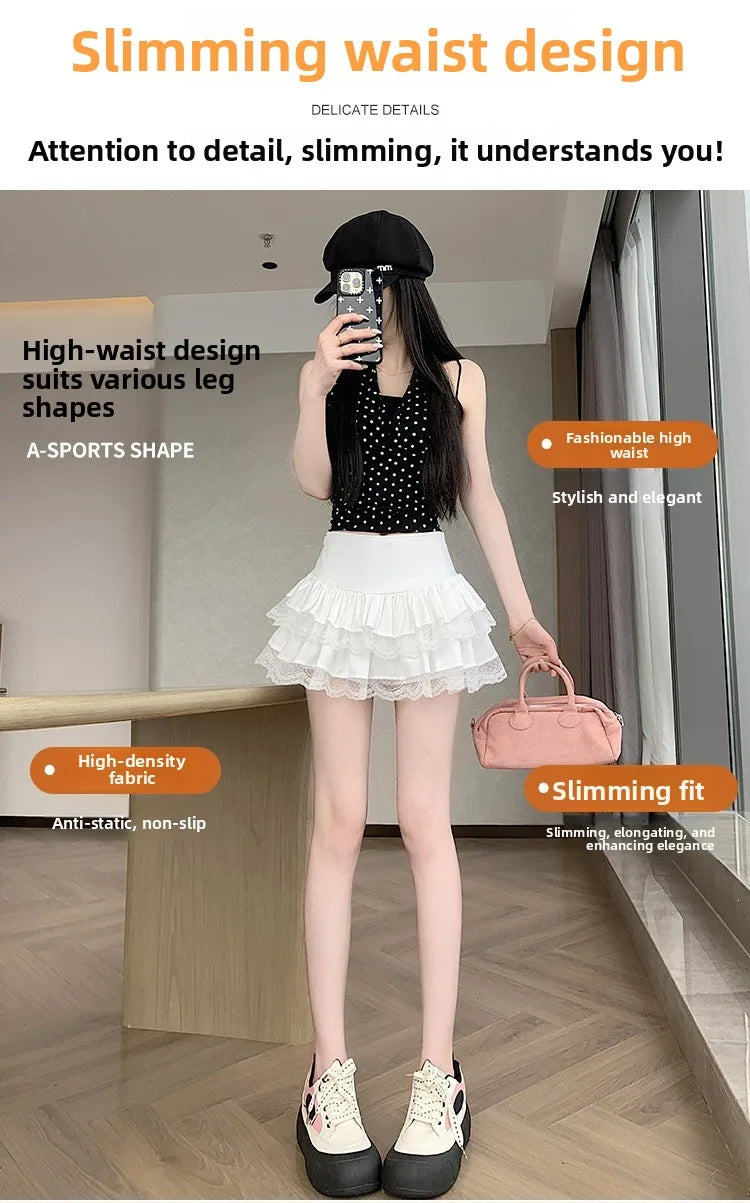 Pure Desire Lace A-Line Mini Skirt High Waist Puffy Sweet Style Short Cake Skirt Cotton Blend Fabric Summer Women's Dress