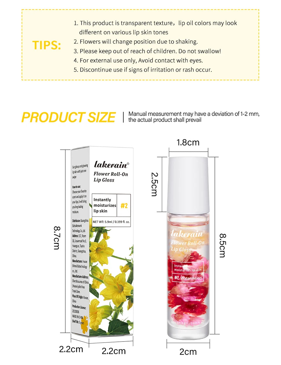 Lakerain Flower Roll-On Lip Gloss Fruit Flavor Sweet Taste Soften Lip Skin Long Lasting Gloss Deep Moisturizing Bright Gloss