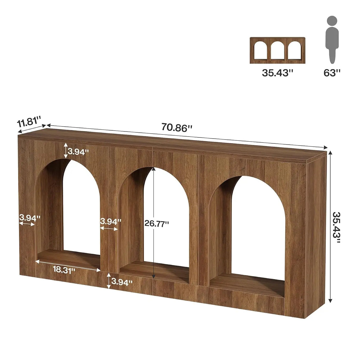 70.9" Console Table with 3 Arched Shelves, Wood Entryway Storage for Foyer Hallway Living Room, Narrow Long Brown, Customized