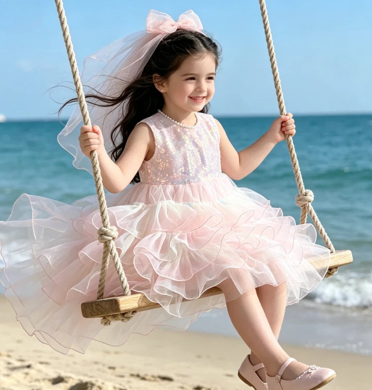 Girls Dress 2026 Spring Summer New Children's Clothing Korean Style Girl Baby Sweet Sequin Cake Princess Dress with Veil