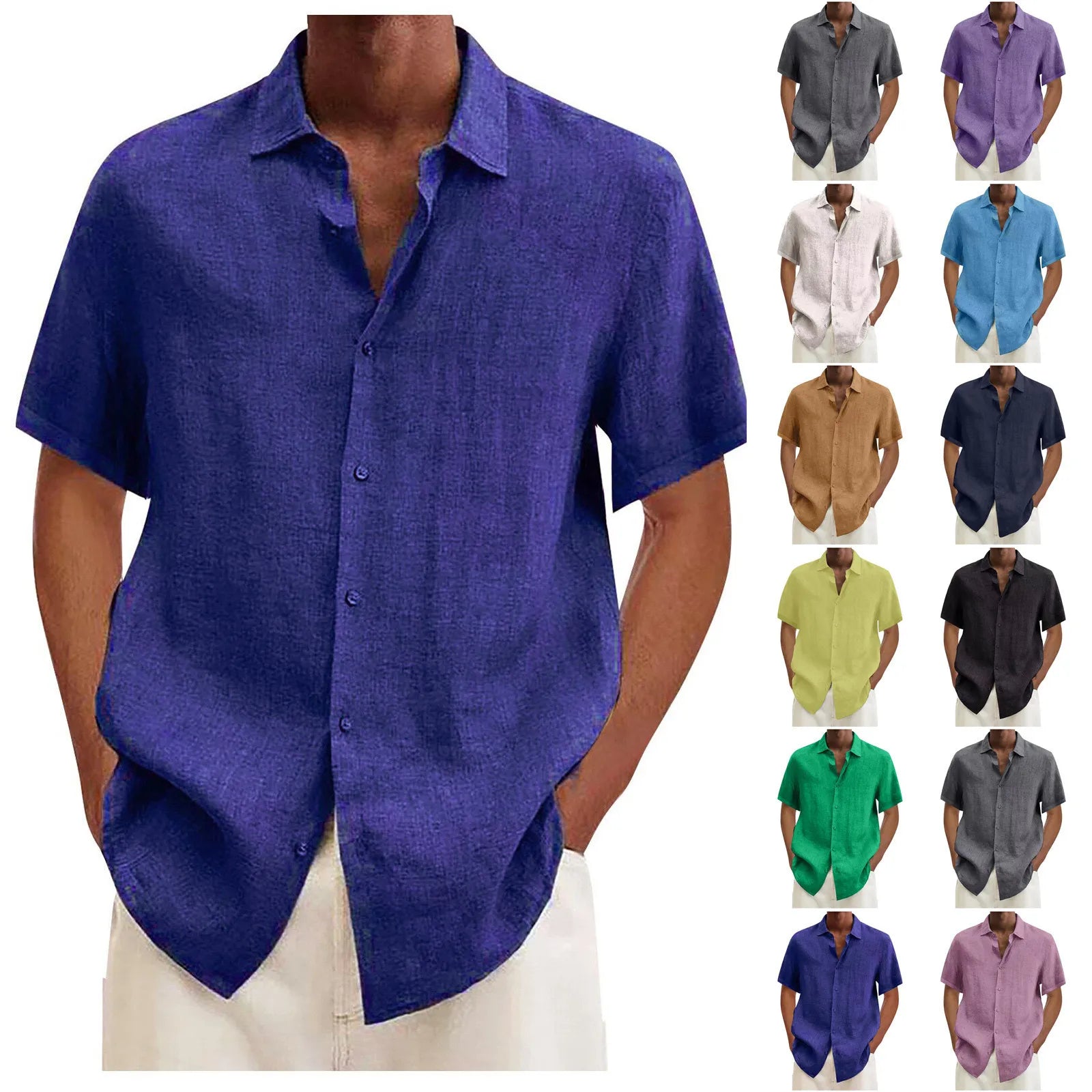 Men'S Short-Sleeved Shirts Cotton Linen Summer Solid Color Turn-Down Collar Quick Drying Casual Beach Style Plus Size Shirts
