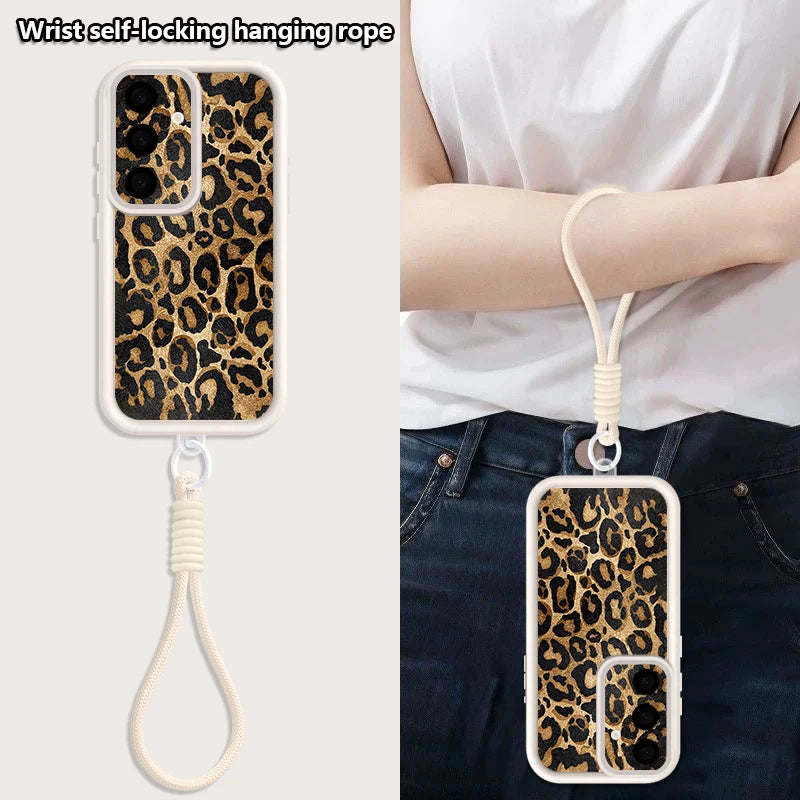 Leopard Print Wrist Lanyard Phone Case For Samsung Galaxy S26 S24 S25 Ultra S23 S25 FE A57 A17 A56 A16 A37 A55 A15 A25 TPU Cover