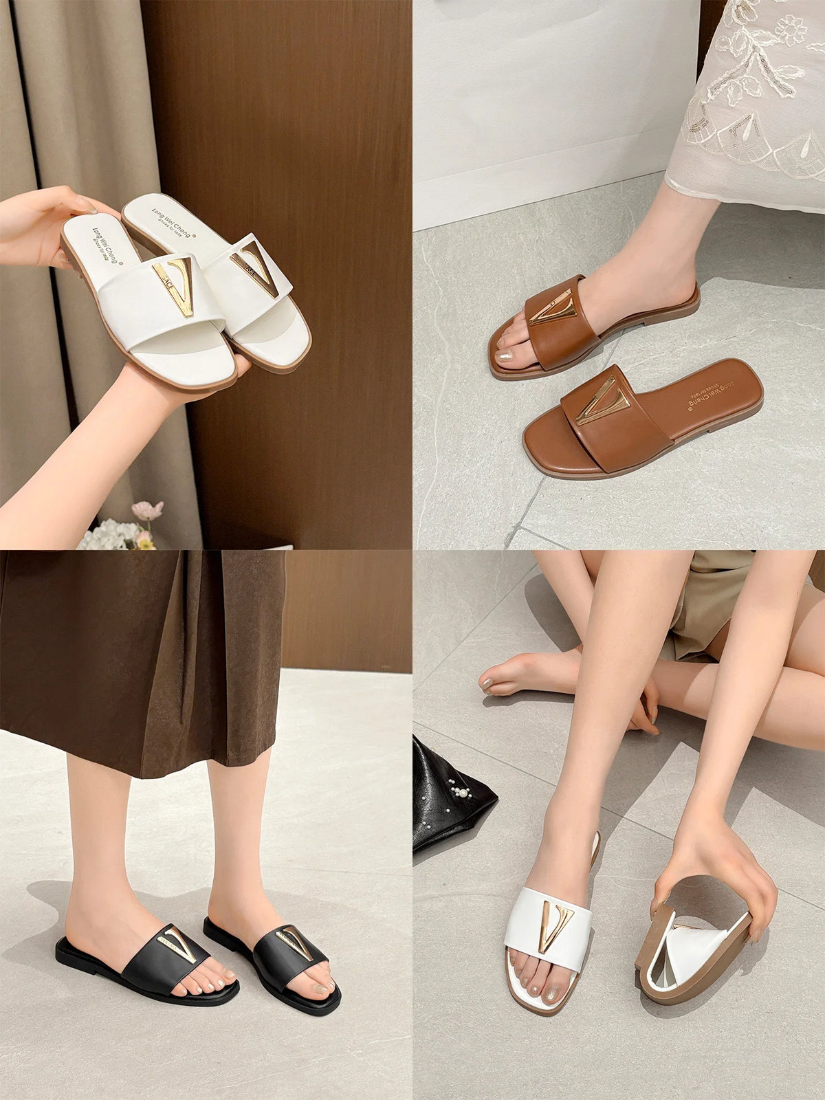Women's Metal Letter Decorative Flat Slippers - Casual Beach Shoes