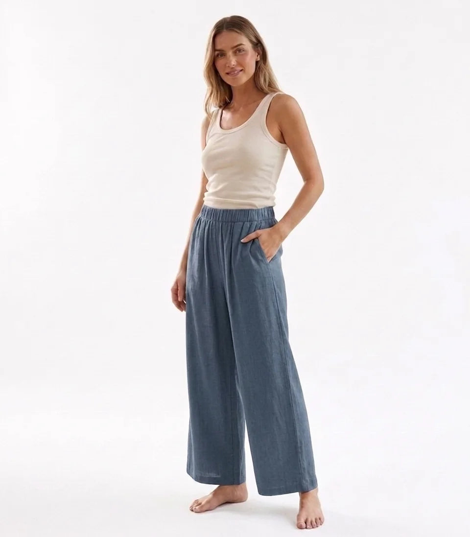 Women Casual Cotton Linen Wide Leg Pants High Elastic Waist Pleated Loose Trousers Pockets Solid Color Summer Boho Baggy Pants