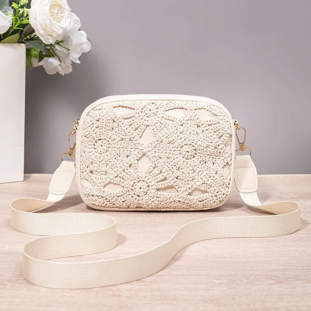 New Bohemian Style Hollow Square Bag PU Leather Ajustable Strap Crossbody Bag Zipper Clousure Boho Beach Bag Vacation Outfits
