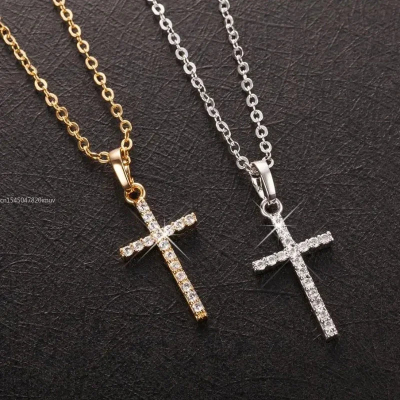 Luxury Zircon Cross Pendants Necklace Fashion Light Silver Color For Men Women'S Jewelry Chain Accessory