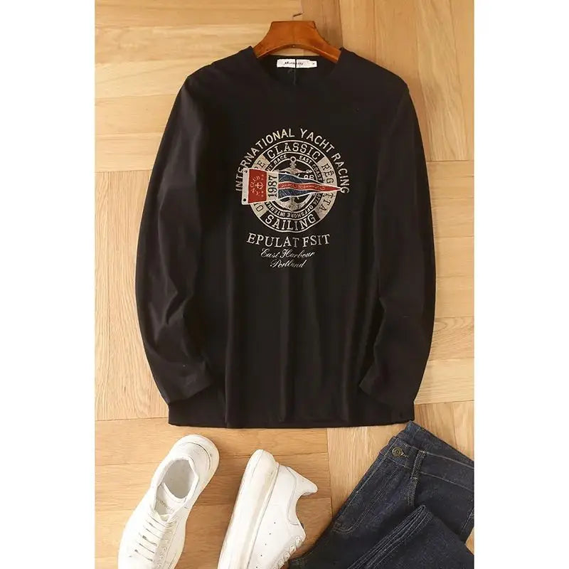 Men's Premium Pure Cotton Long Sleeve T Shirt With Washed Brushed Finish Retro American Print For Men
