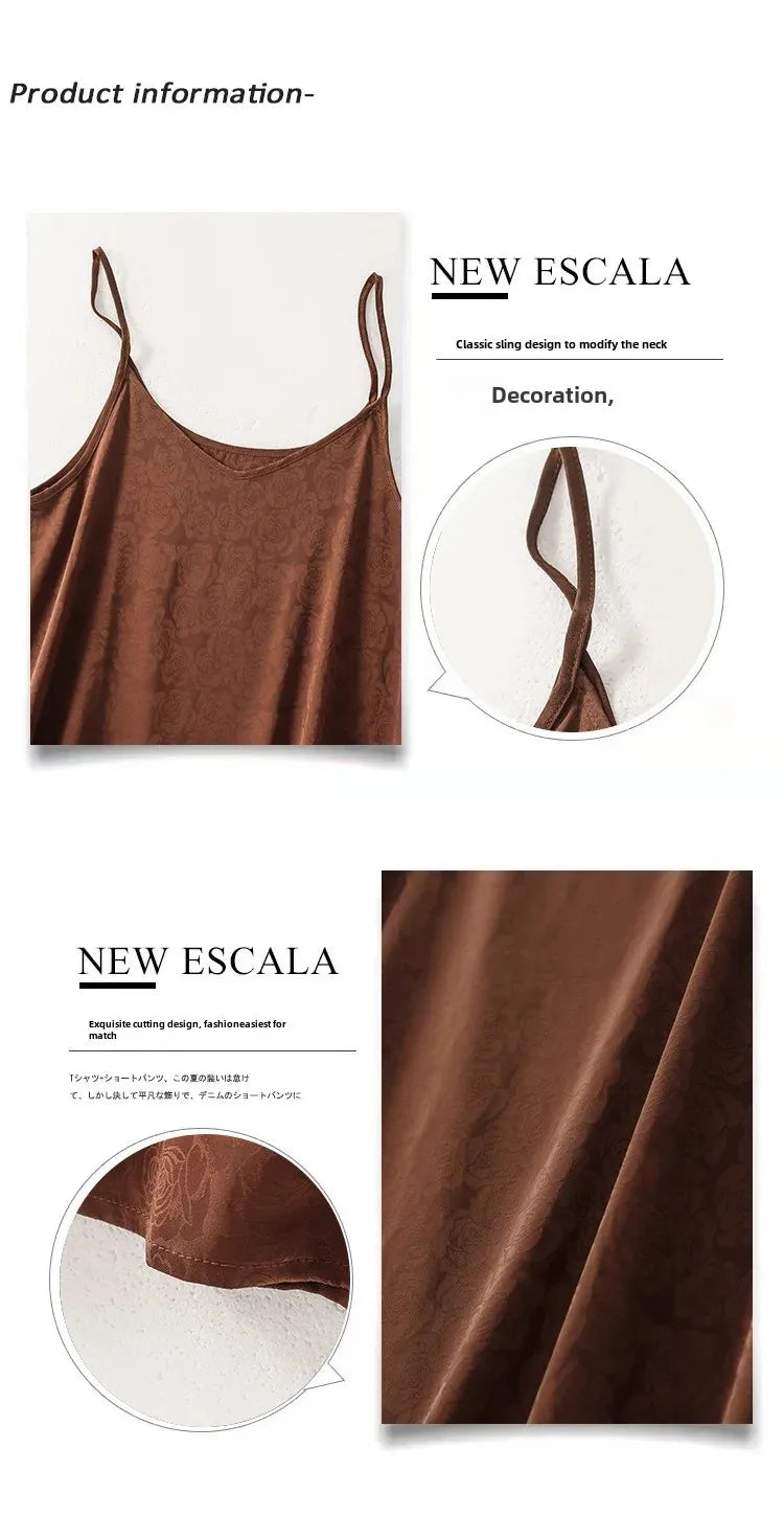 New Arrival Export Quality Genuine Silk Vinegar Satin Round Neck Rose Dress Innertank Skirt Women's Long Dress