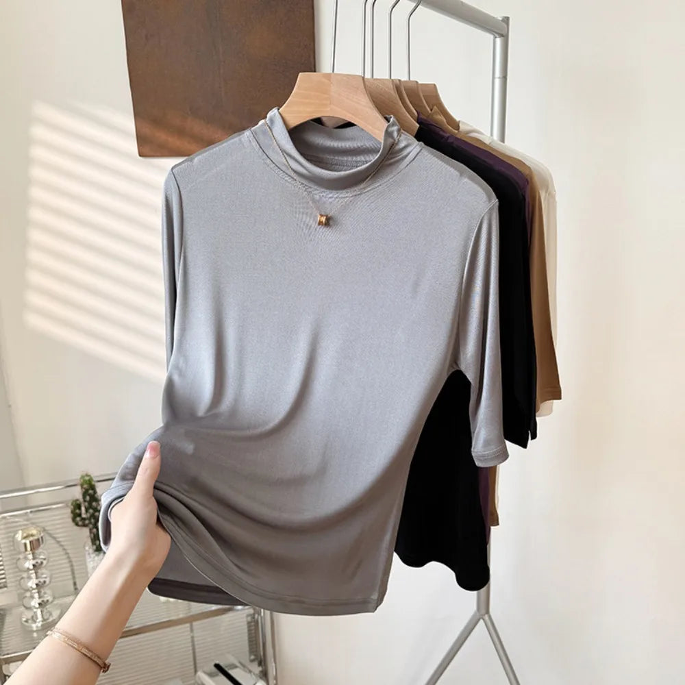 2026 Women's Spring/Summer New 100% Natural Mulberry Silk (Knitted) Basic Solid Color Half High Neck Mid Sleeve Bottom Shirt