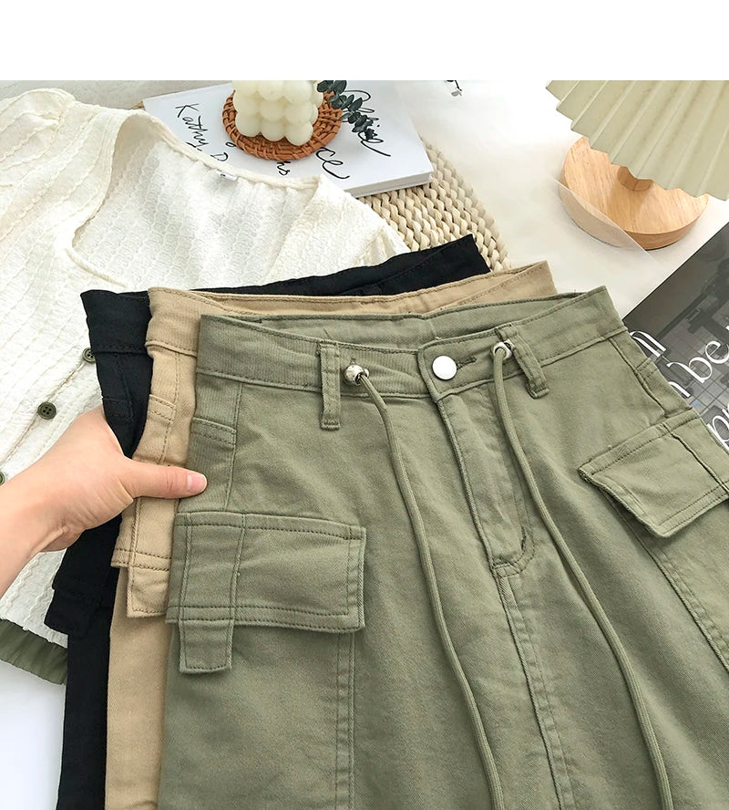 Retro High Waist Denim  Skirt Women's Spring Summer Autumn Casual Drawstring Anti-Light Short Skirt Polyester Fiber
