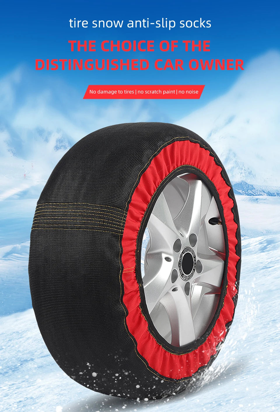 Car Red Black Anti Skiing Sock With High Resistance Fiber Anti Slip Silent Don't Damage Tire With Storage Bag & Gloves & Sleeves
