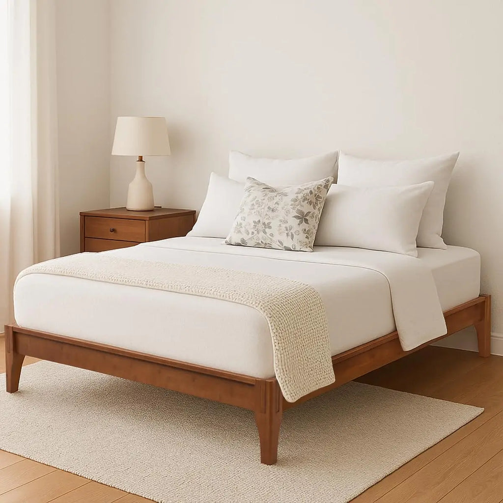Mid-Century Bamboo Platform Bed, Queen Size Bed Frame with Wood Slat Support, No Box Spring Needed, Easy Tool-Free, Customized
