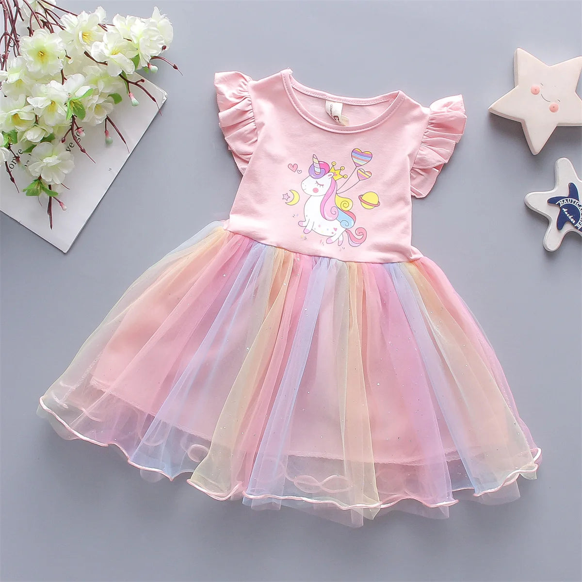 Toddler Girls Summer Dress Breathable Rainbow Mesh Patchwork Sleeveless Cute Daily Wear