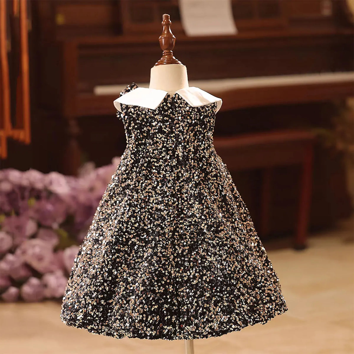 Dreamy Vow D141 Black Sequined Flower Girl Dress with Bow Knee Legth A-Line Wedding Birthday Holiday Party Summer Prom Gown