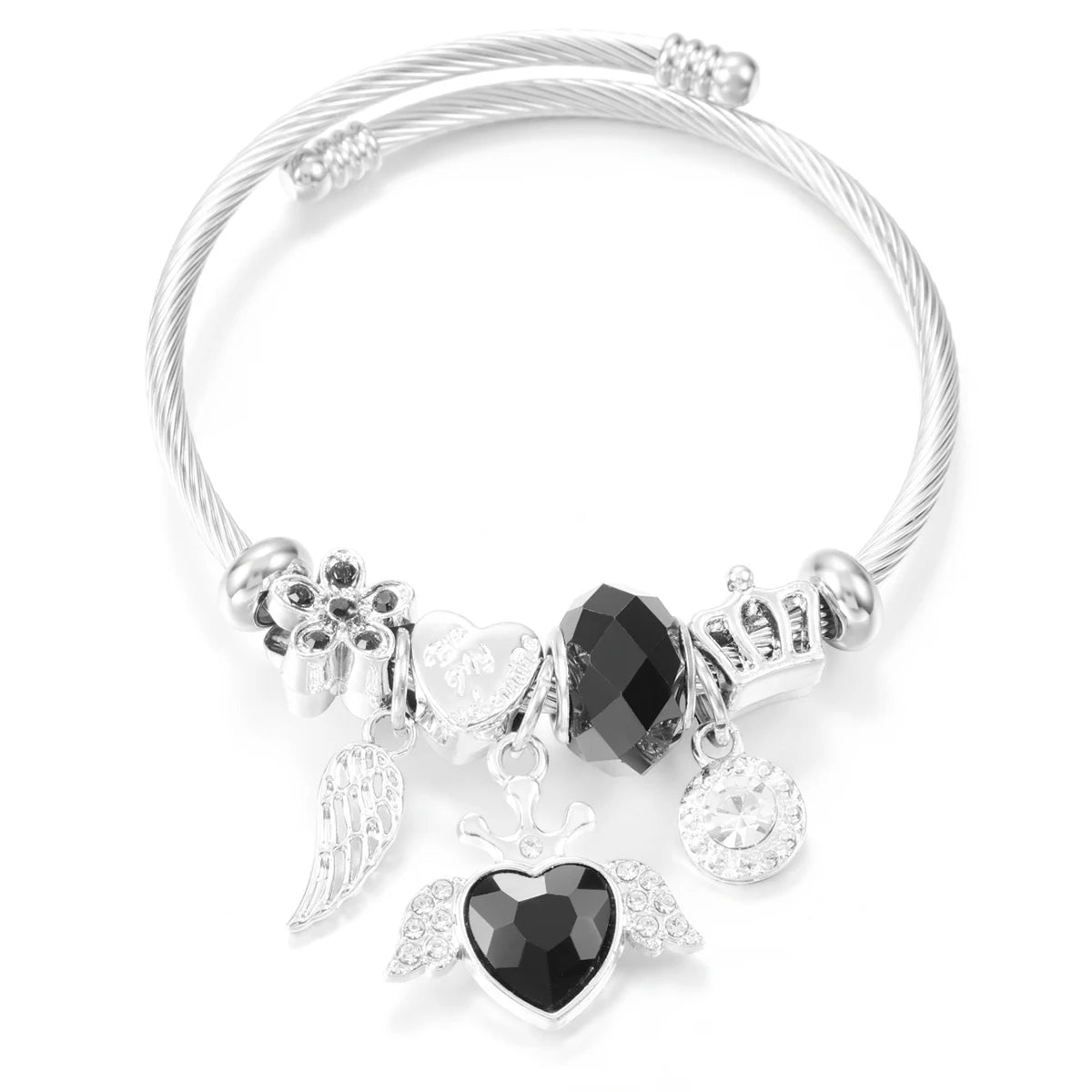 New Trendy Rhinestones Dragonfly Crystal Beaded Pendant Bracelet Stainless Steel 4 Colors Closure Bangles Women'S Bracelet Jewelry