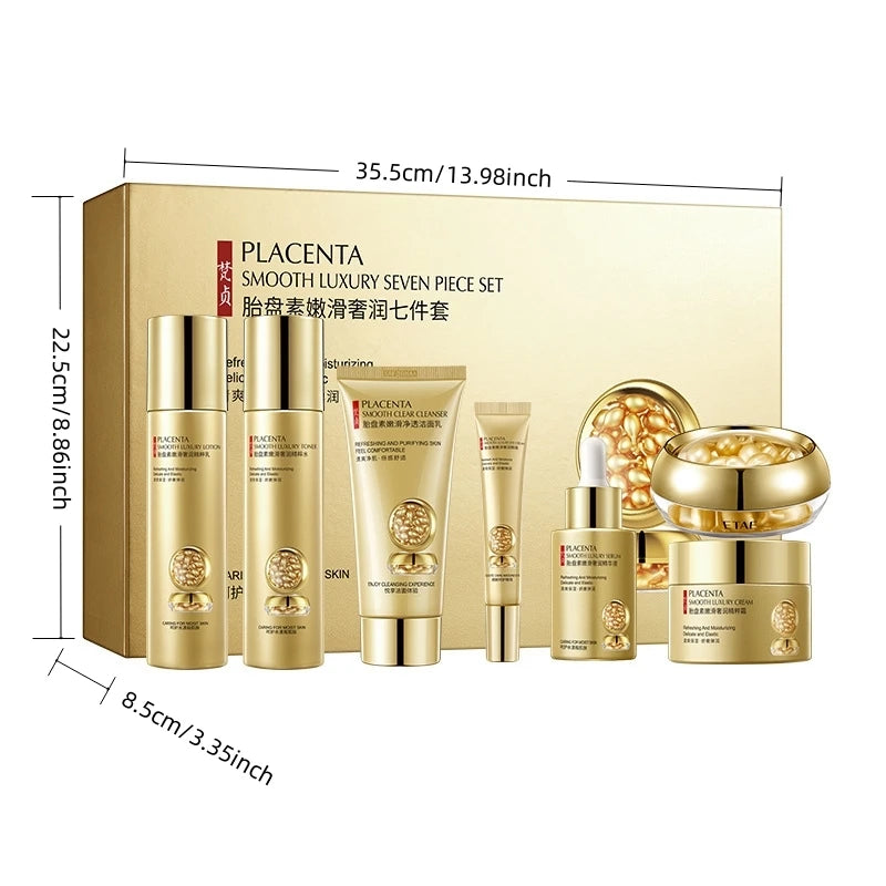 Placenta Skin Care Seven-Piece Set, Rich in Placenta Essence, Moisturizing Skin Care Products, Hydrating, Nourishing, and Refreshing, the Set Includes Facial Serum, Eye Cream, Face Cream, Facial Cleanser, Essence Cream, Suita