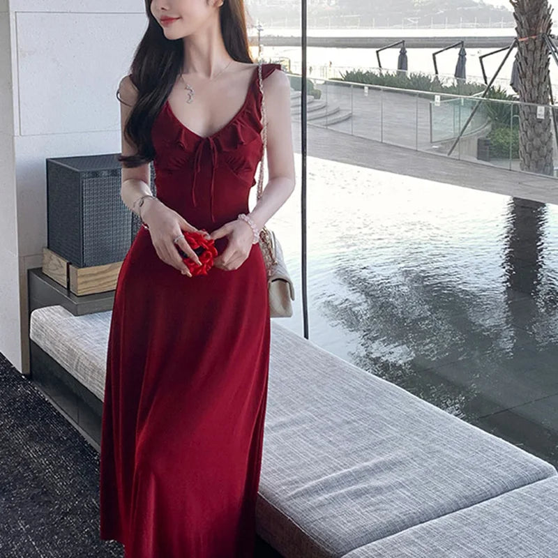 Lady Daily Holiday Leisure Satin Dress Female Gentle Aesthetic Long Bridal Dress Summer Women Party Backless Bandage Dresses