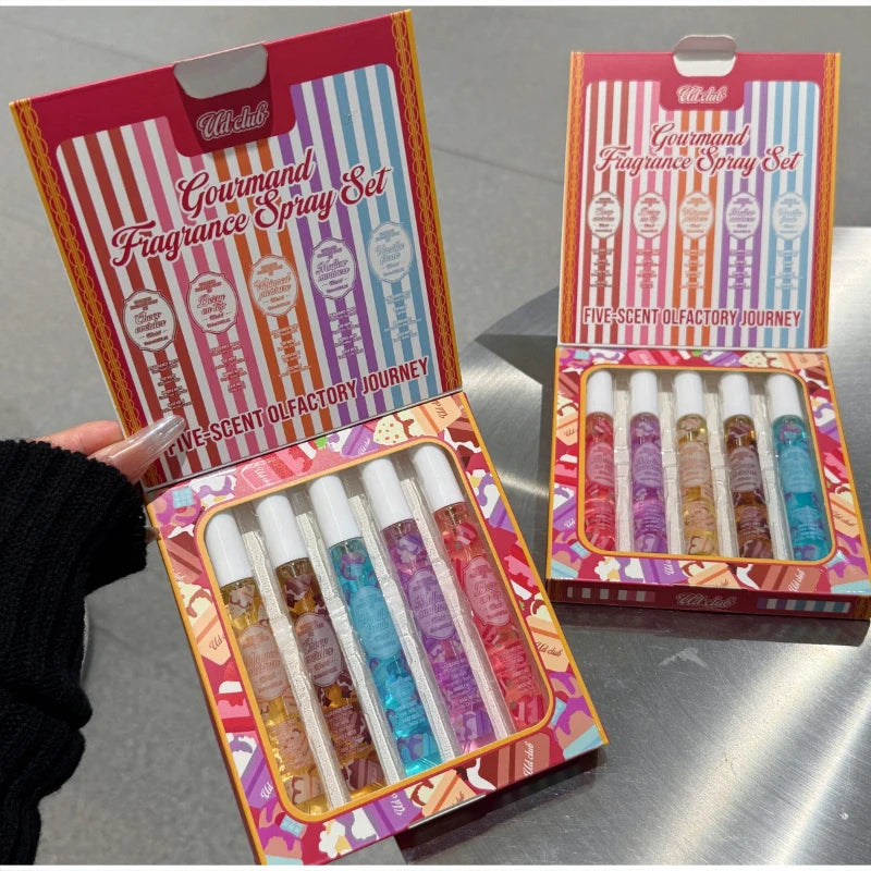 5pcs Gourmand Perfum Set Long Lasting Sweet Vanilla Cake Scent Mini Portable Fragrance Spray Set For Women