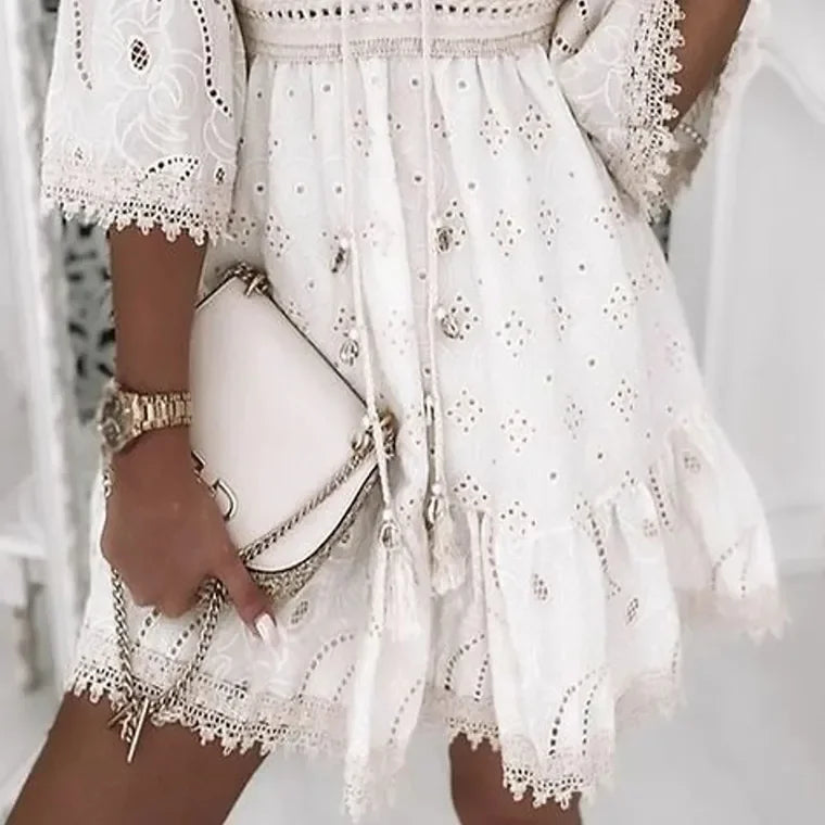 for Women Female V Neck Long Sleeve White Dresses Loose Solid Casual Women Beach Holiday Dress Vestidos Hollow Out Summer Dress