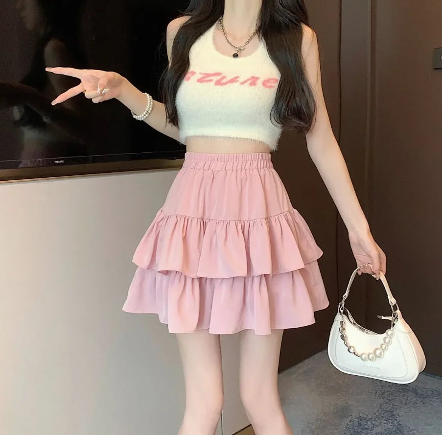 Ruffled Cake Skirts for Women High-waisted A-line Solid All-match Sweet Lovely Girls Korean Style Gentle Spring Kawaii Casual