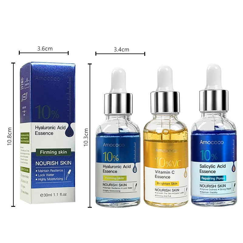 Amococo 2pcs Facial Serum 30ml 10% Salicylic Acid Essence Vitamin C Essence Hyaluronic Acid Face Serum Moisturizing Hydrating Skin Care Brightening Nourishing Essence for Daily Face Care