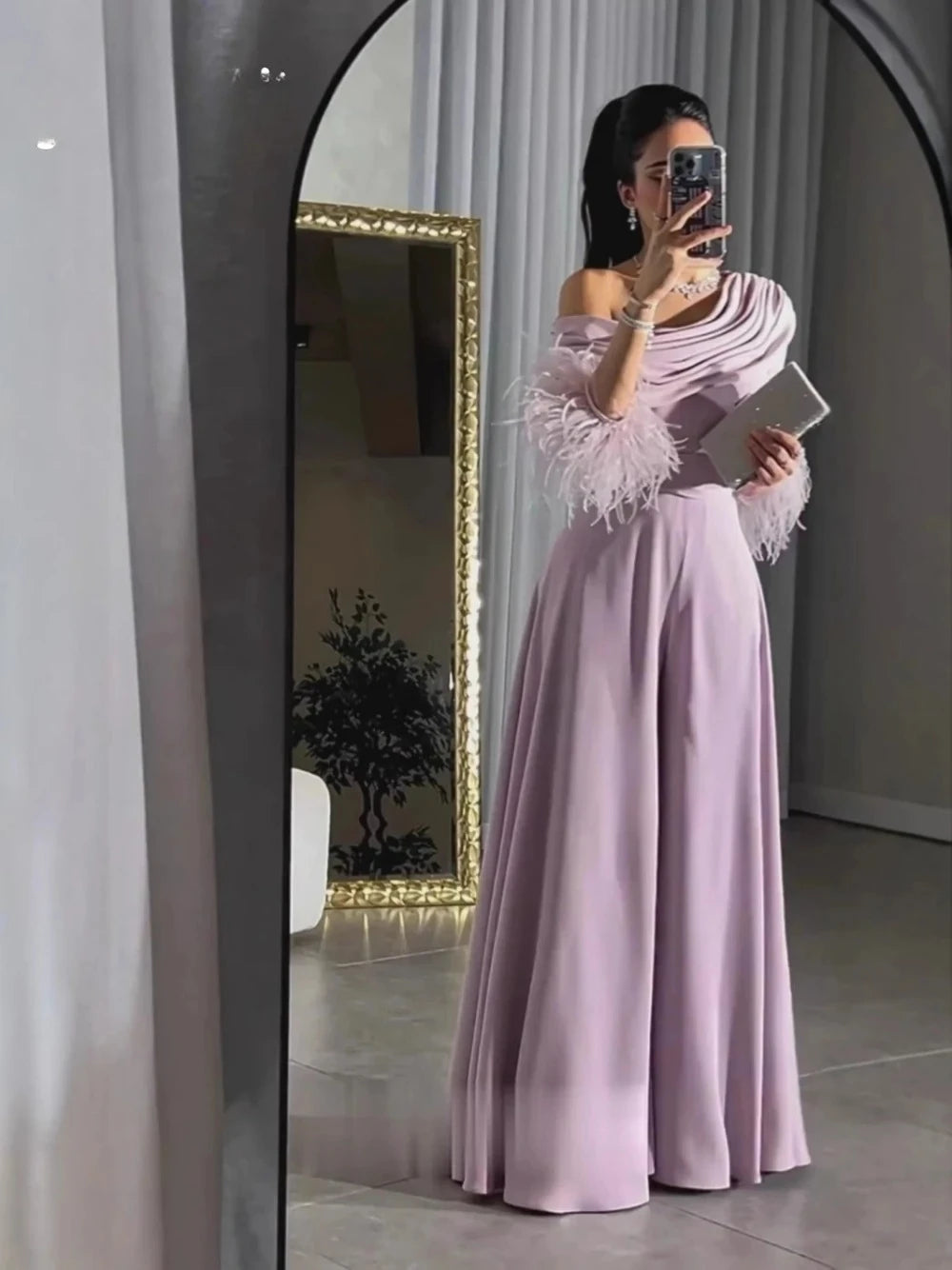 Loose Elegant Jumpsuit Feathered Pleated Chiffon S-2XL Fashionable Party Gown For Women Fast Shipping Off Shoulder Prom Wear