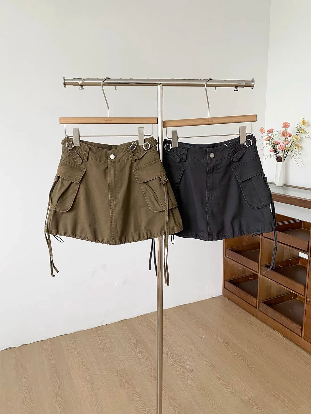 Women's Autumn Winter Pockets Drawstring Denim Skirt Lady Solid Color High Waist A Line Short Skirt