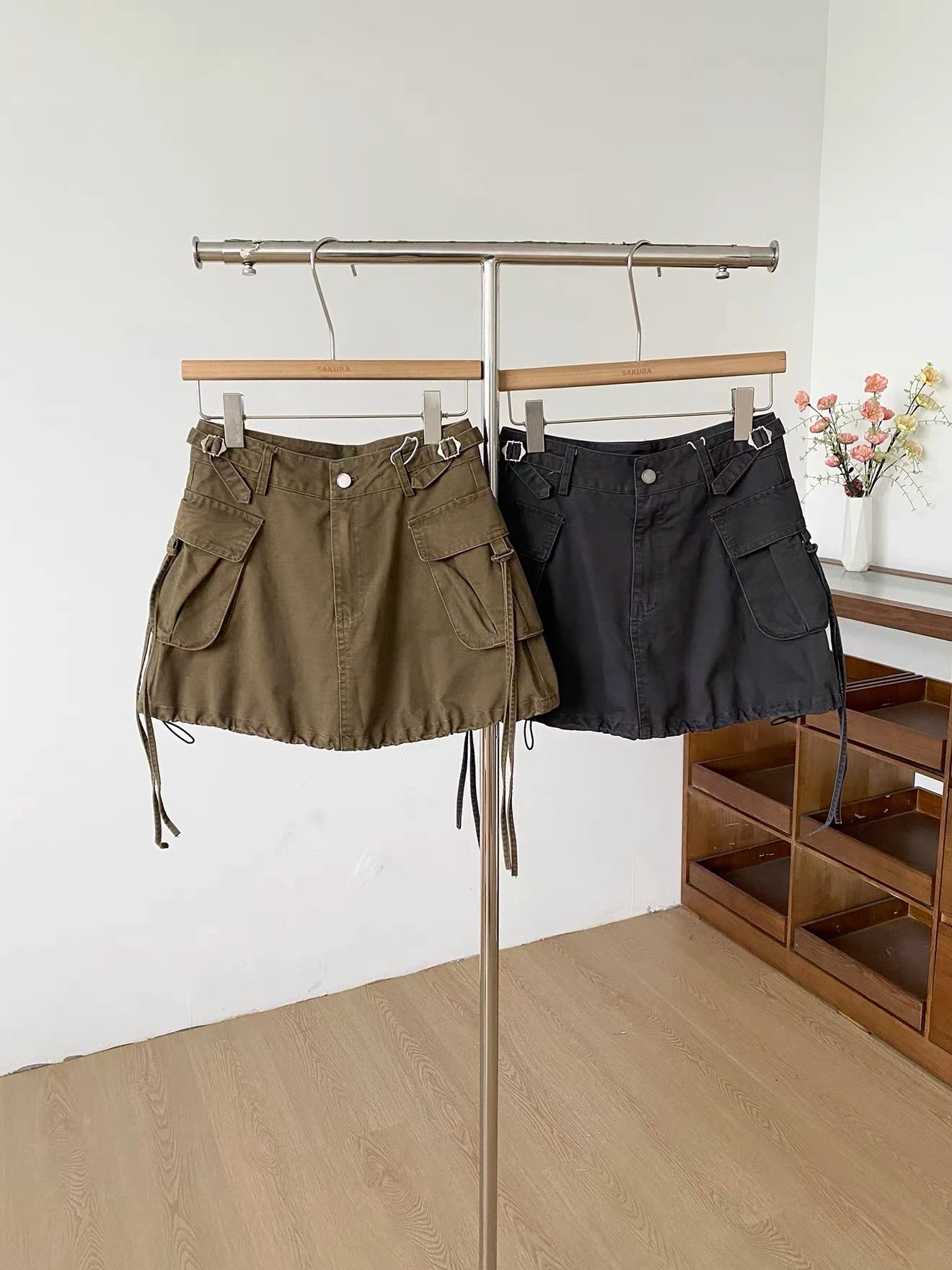Women's Autumn Winter Pockets Drawstring Denim Skirt Lady Solid Color High Waist A Line Short Skirt