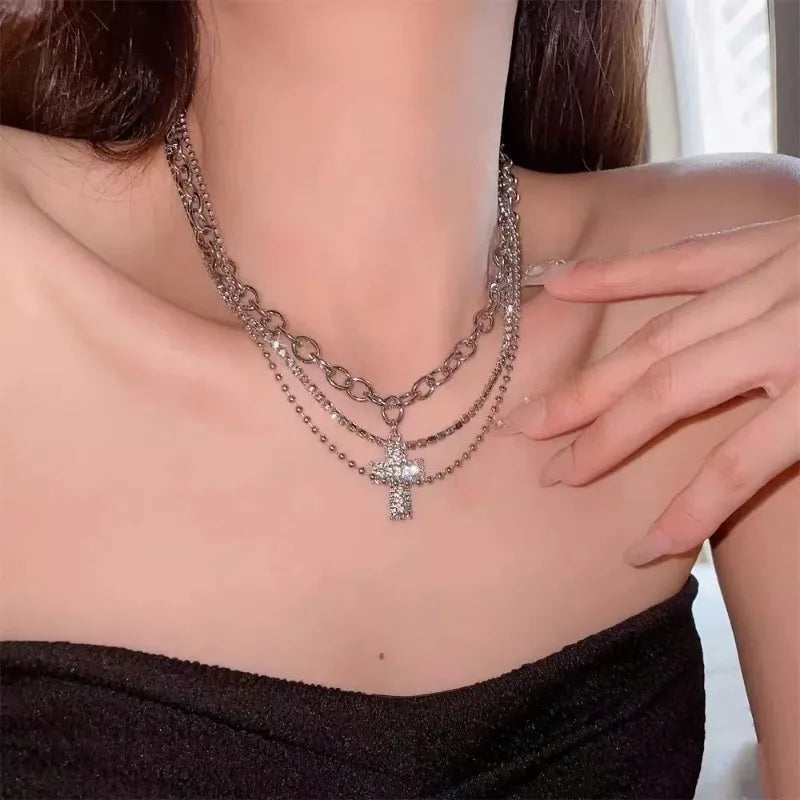Rhinestone Cross Pendant Necklace Spicy Girl Sweet and Cool Style Multi Layered Necklace Choker Gift for Women Choker Jewelry
