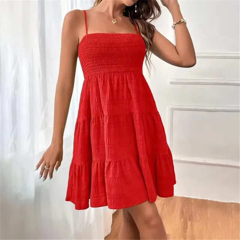 Bohemian Beach Sundress Women Sexy Sleeveless Backless Big Swing Mini Dress Solid Spaghetti Strap Ruffles Dress Summer Vestidos