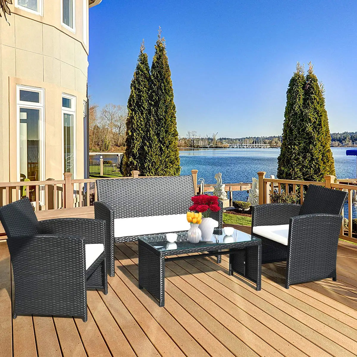 Outdoor Rattan Wicker Patio Furniture Set 4 Pieces Sofa & Table W/Cushions & Tempered Glass For Garden Lawn Backyard, Customized