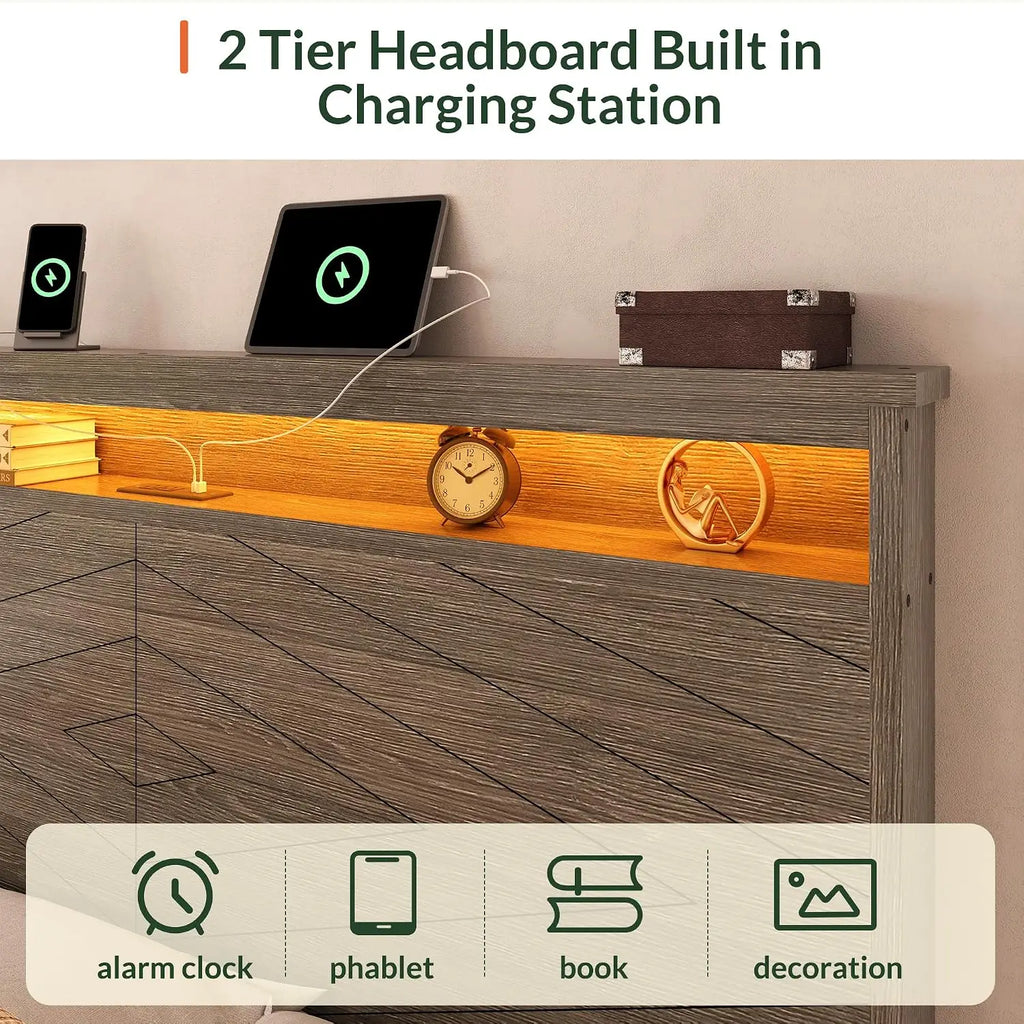 Queen Wooden Platform Bed with Headboard, 2 Drawers, LED Light, USB Charging, Easy Assembly, No Box Spring, Customized