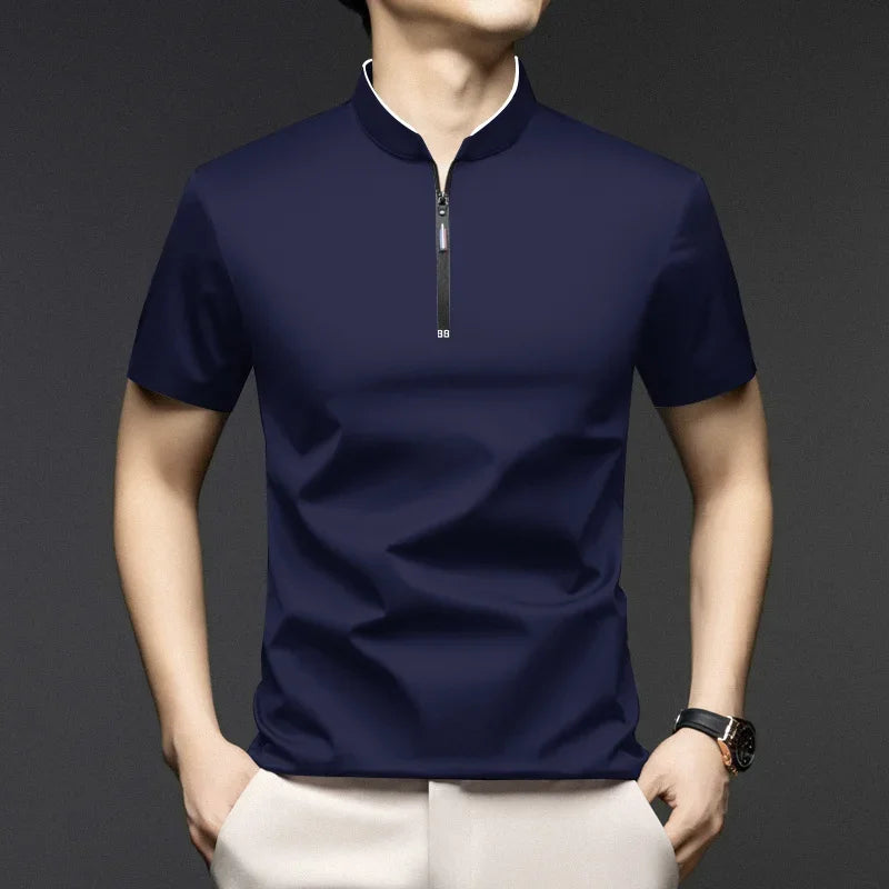 Mens Zipper Polo Shirt Stand Up Collar Solid Color Casual Top For Modern Men Versatile Comfort