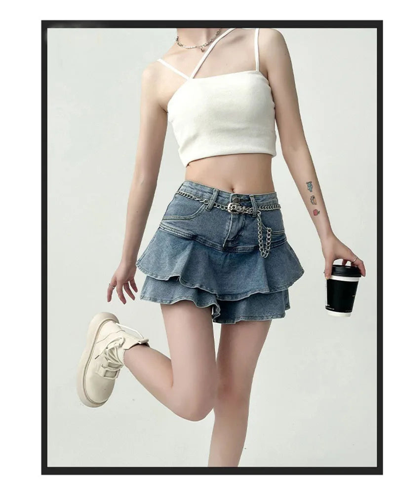 Summer Women High Waist Denim Cake Skirt A-Line Bodycon Mini Skort Casual E-Girl Street Skirt