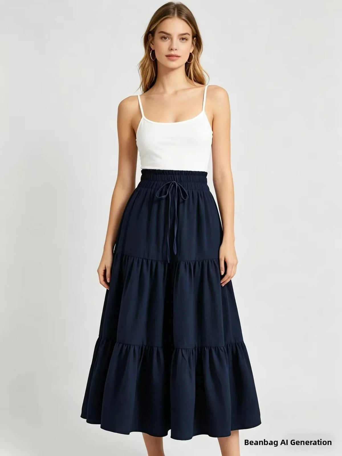 Elegant High Waist A-Line Midi Skirt with Drawstring Pure Color Women's Fashionable Versatile Half-length Skirt for Casual Tr...