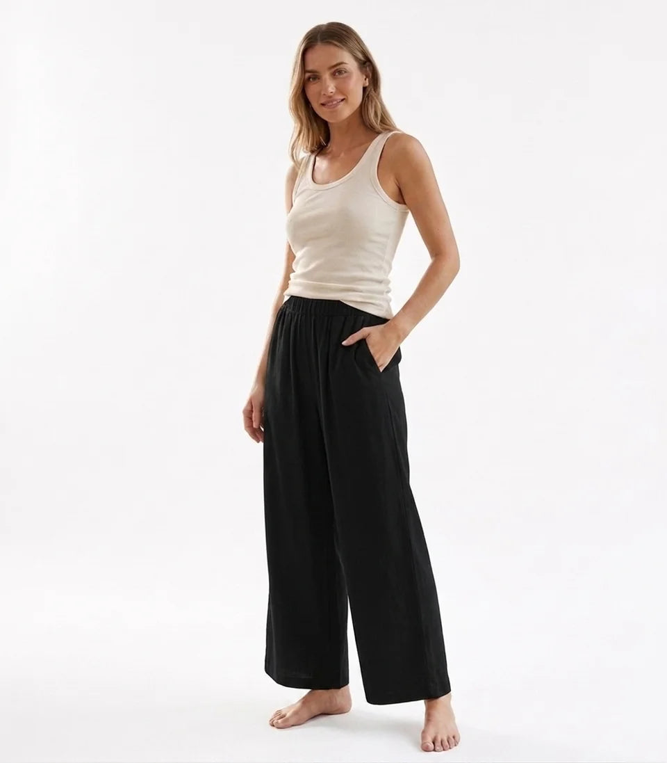 Women Casual Cotton Linen Wide Leg Pants High Elastic Waist Pleated Loose Trousers Pockets Solid Color Summer Boho Baggy Pants