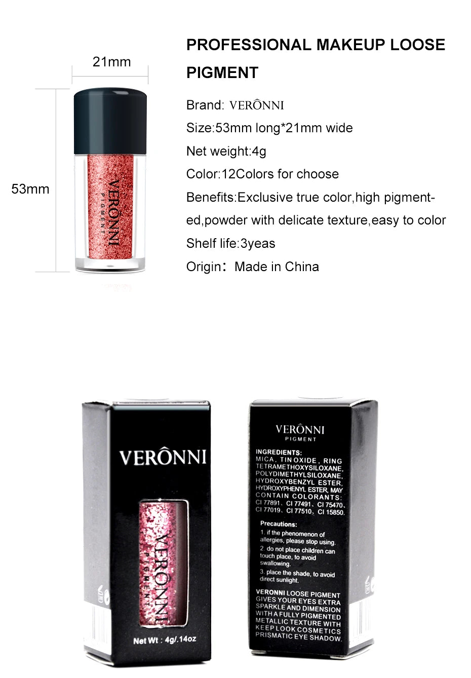 VERONNI 12-Color Diamond Mermaid Glitter Loose Powder –Compact & Portable, One-Swipe Sparkle,Fine Shimmer Texture, Spring/Summer