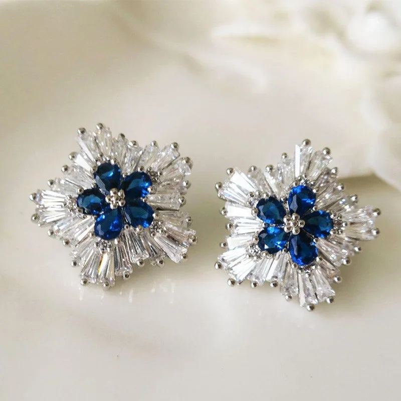Gorgeous Blue Cubic Zirconia Stud Earrings, Fashion Jewelry for Women, Ideal for Engagement Wedding & Party Occasions