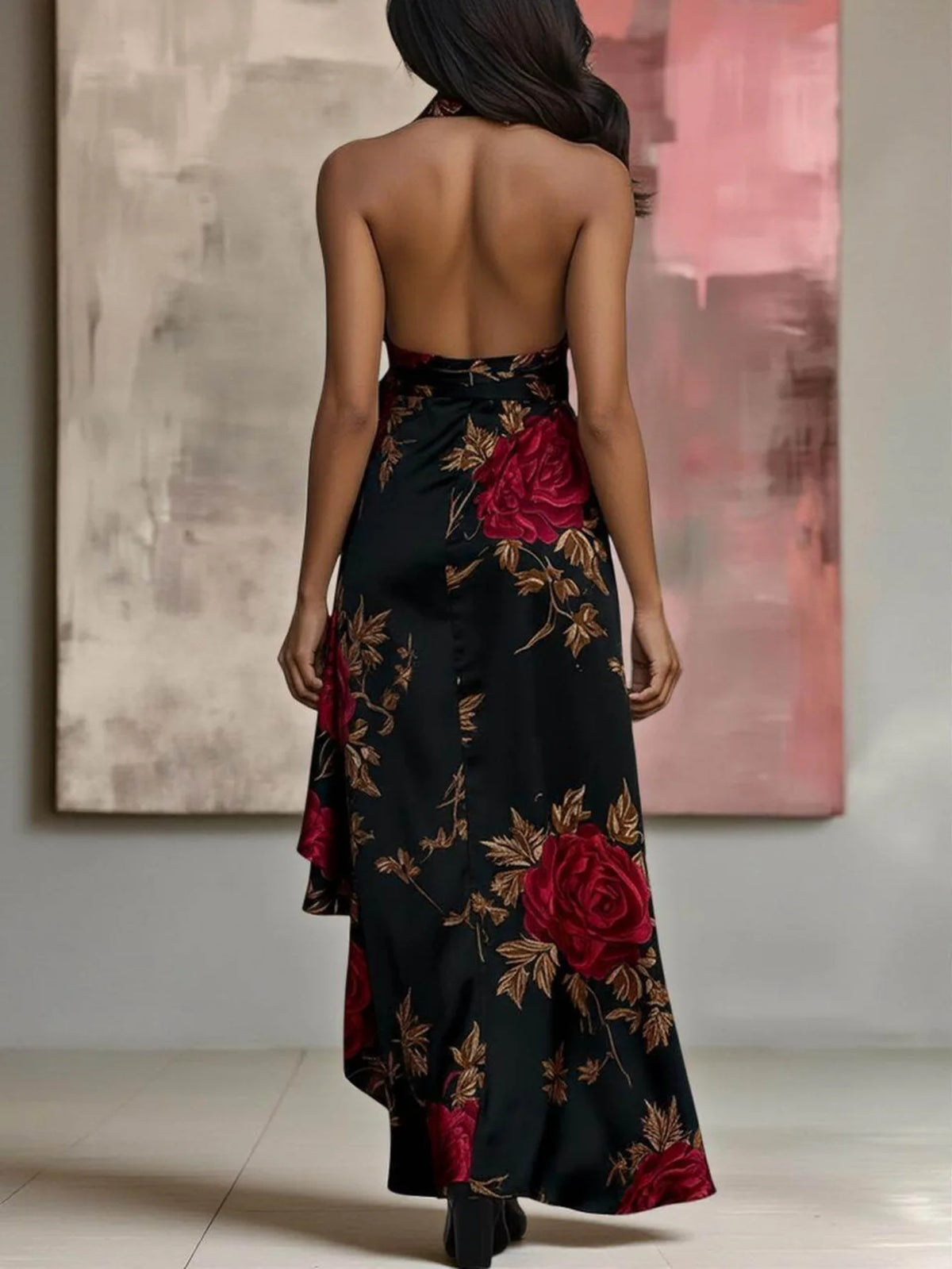 Women's Halter V Neck Sleeveless Maxi Dress Floral Print Wrap Design High Low Split Ruffle Hem Slim Ladies Dress